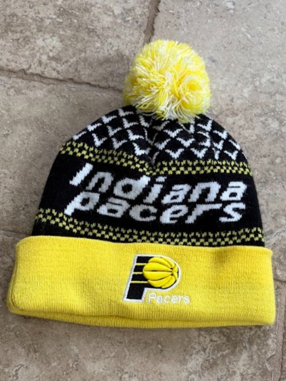 Mitchell Ness NBA Indiana Pacers Knit Beanie Hat Pom Pom Yellow Black